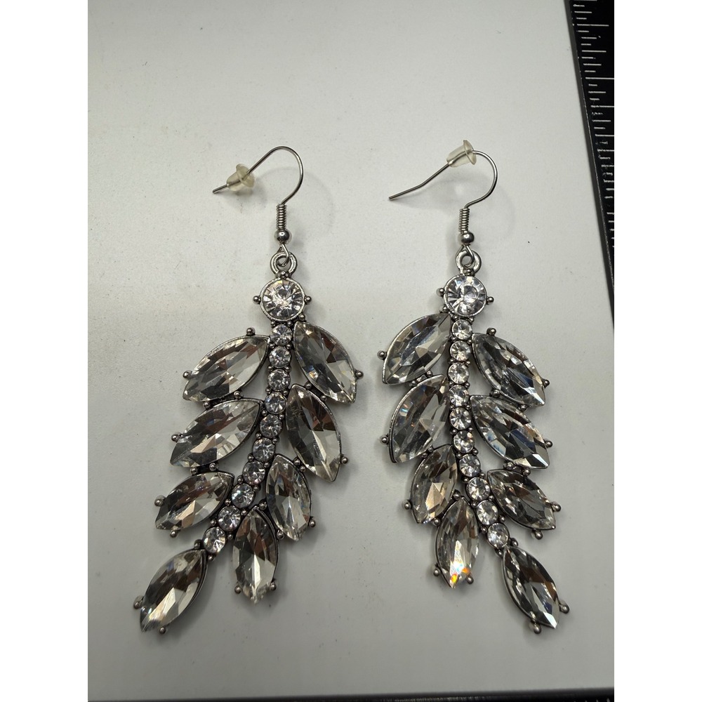 Silver Tone Clear Rhinestone Leaf Dangle Earrings Bridal Wedding Statement Drop